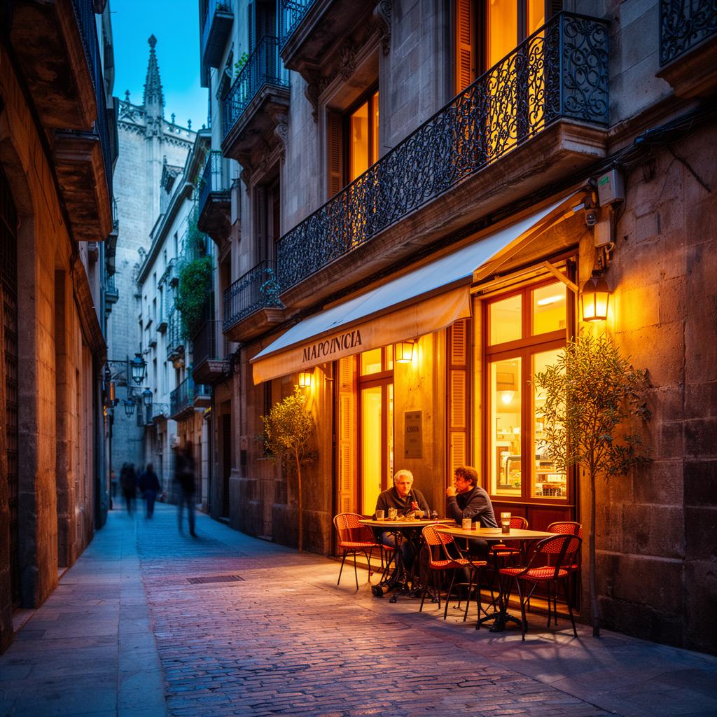 Exterior of a restaurant in Barcelona's Gothic Quarter at dusk